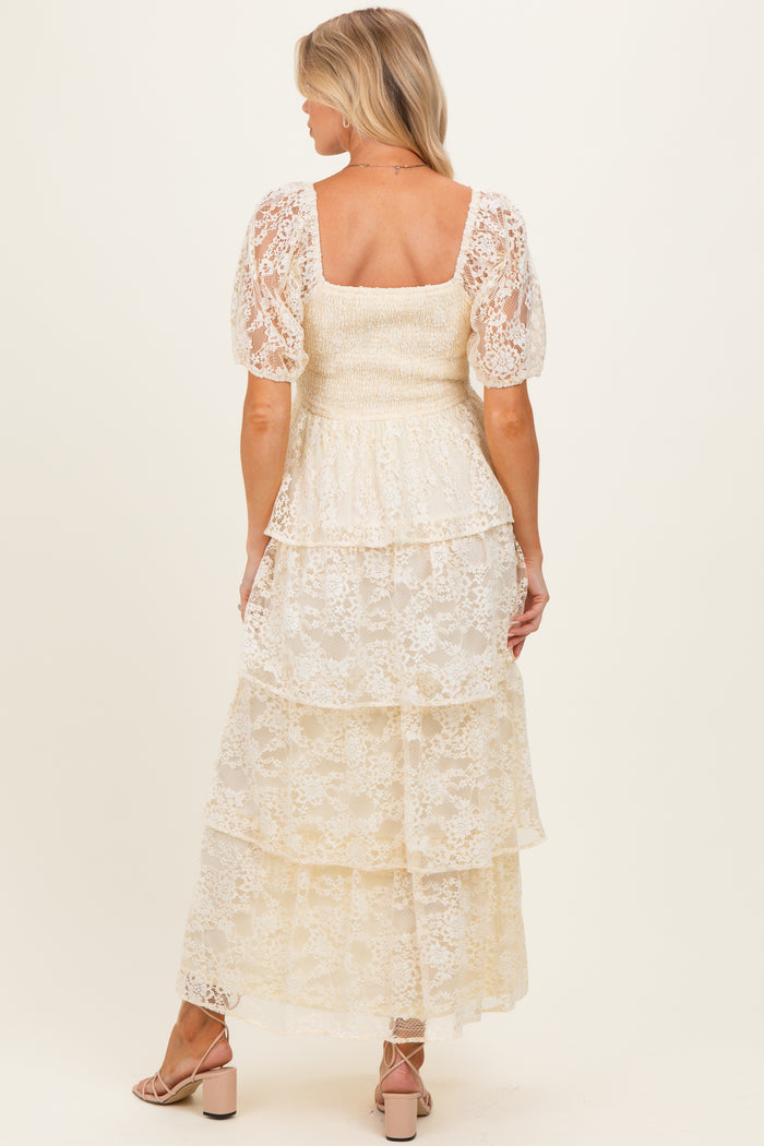 Butter Cream Lace Tiered Smocked Maternity Midi Dress