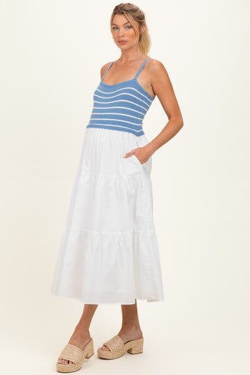 Blue Striped Knit Top Tiered Maternity Midi Dress