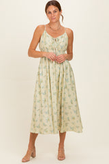 Cream Striped Floral Smocked Waist Maternity Midi Dress