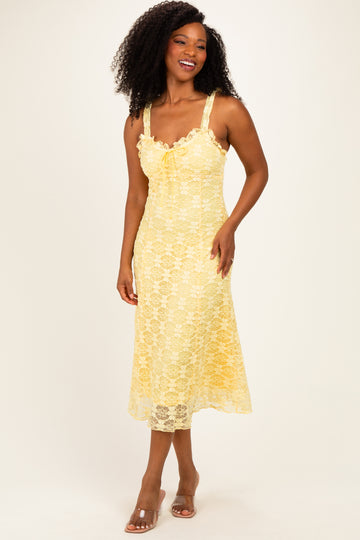Yellow Floral Lace Ruffle Midi Dress
