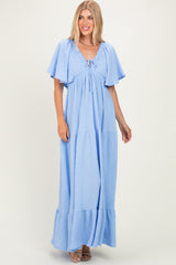 Light Blue Woven Textured Flutter Sleeve V-Neck Tiered Maxi Dress