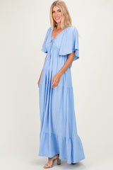 Light Blue Woven Textured Flutter Sleeve V-Neck Tiered Maxi Dress