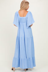 Light Blue Woven Textured Flutter Sleeve V-Neck Tiered Maxi Dress