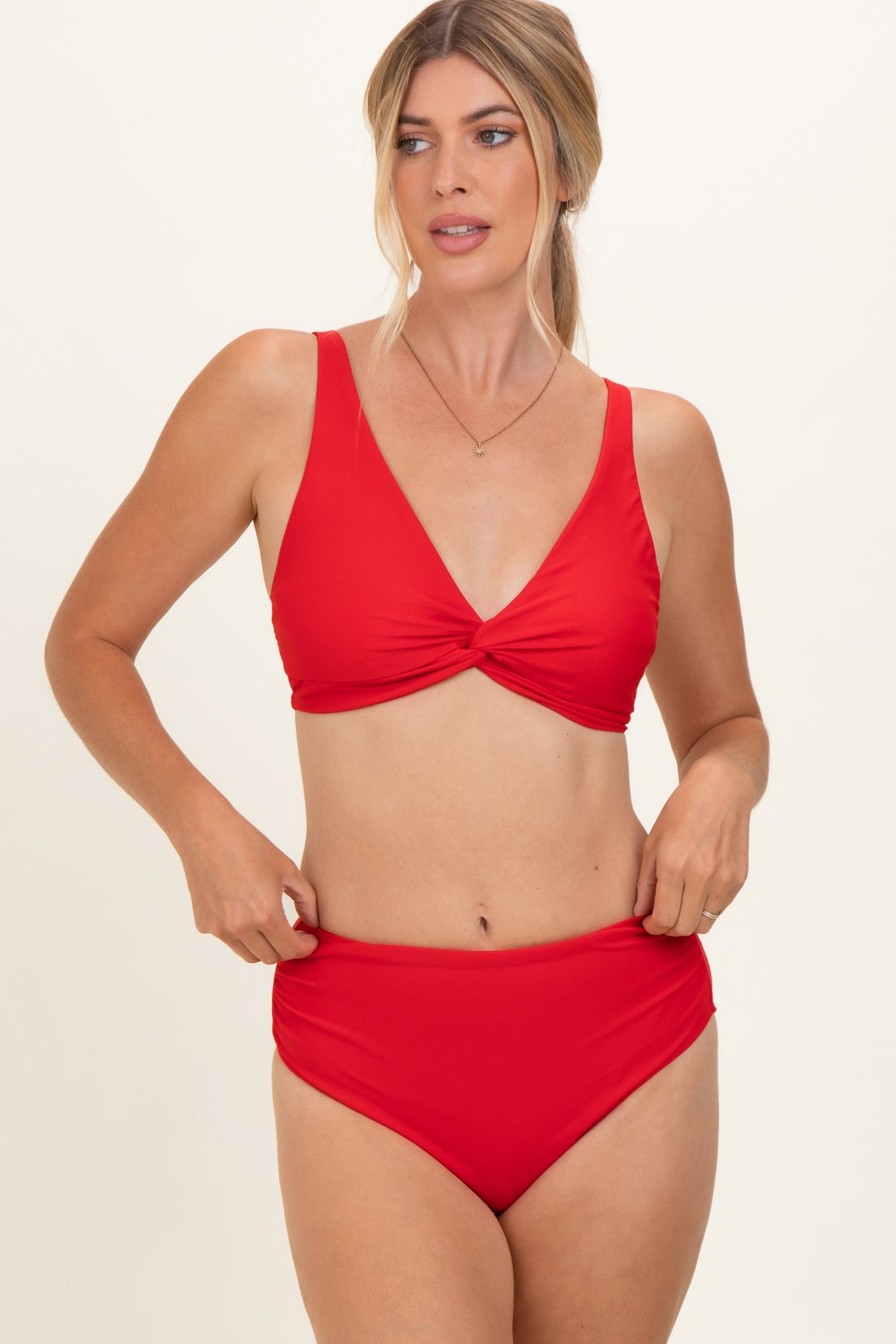 Red Twist Front V-Neck Maternity Bikini Set