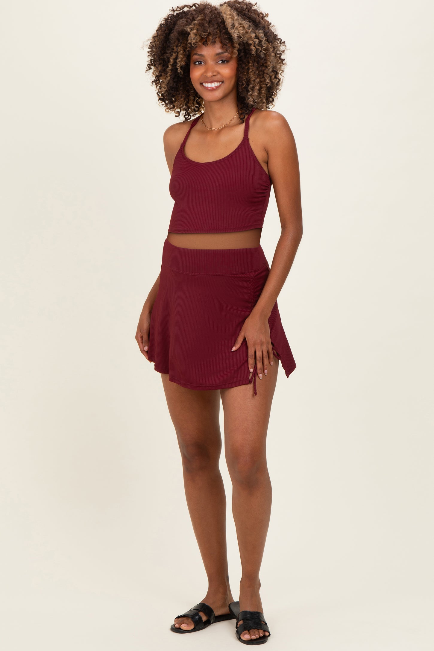 Burgundy Ribbed Crop Tank Swim Skirt Maternity Set