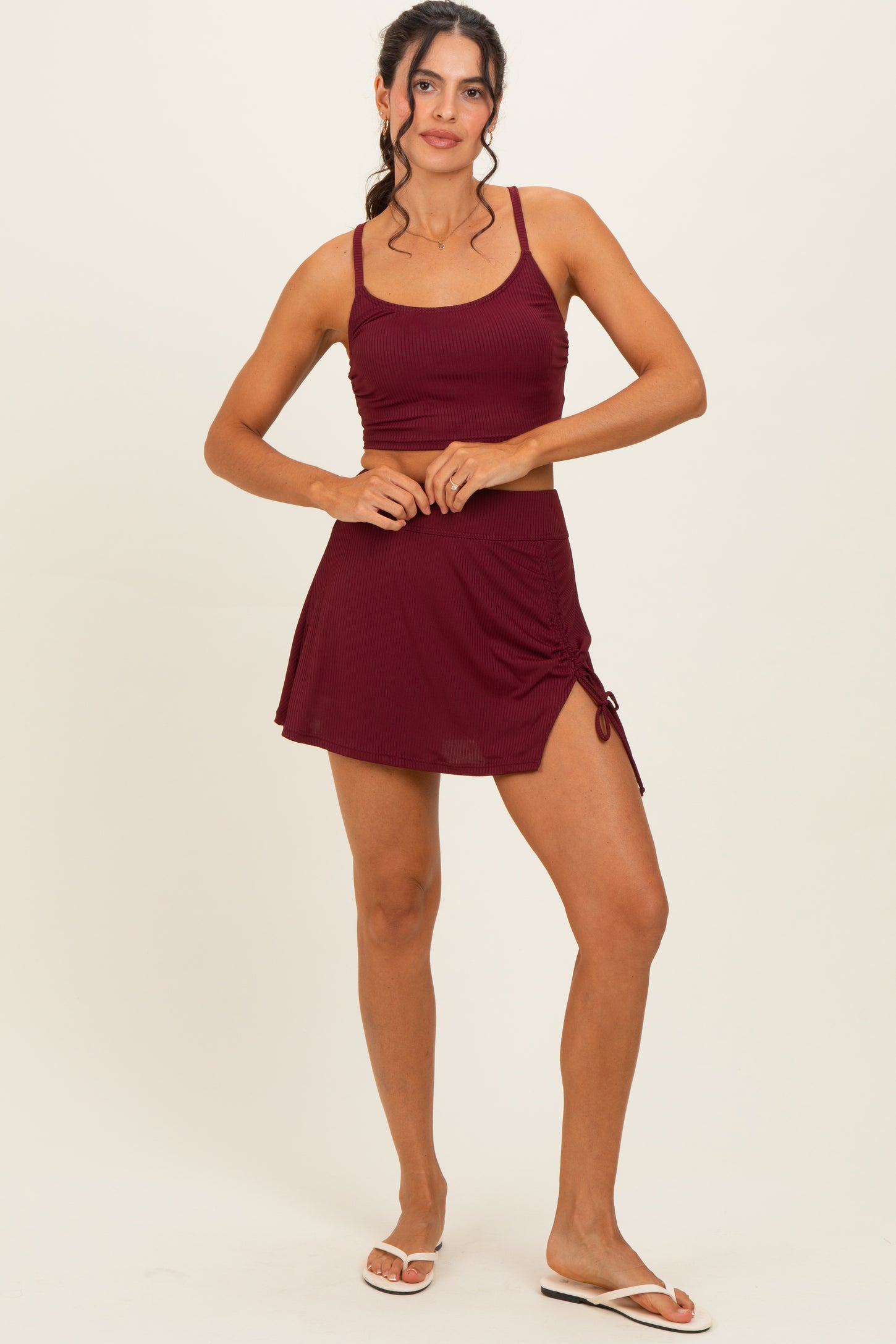 Burgundy Ribbed Crop Tank Swim Skirt Set