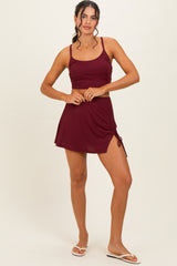 Burgundy Ribbed Crop Tank Swim Skirt Set