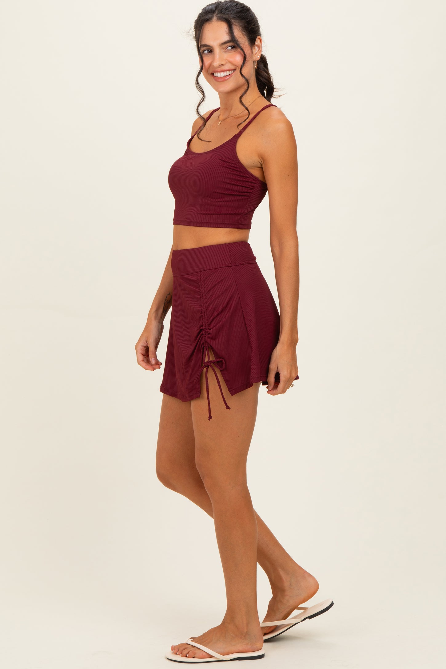 Burgundy Ribbed Crop Tank Swim Skirt Set