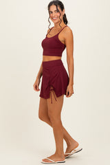 Burgundy Ribbed Crop Tank Swim Skirt Set
