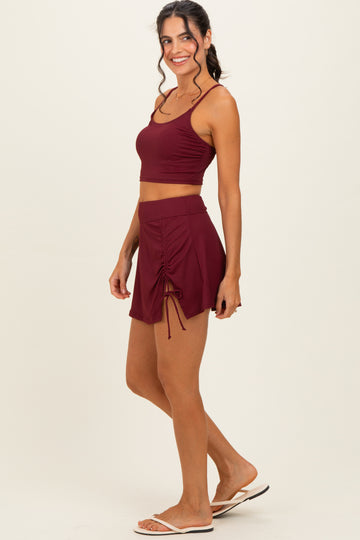 Burgundy Ribbed Crop Tank Swim Skirt Set