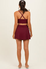 Burgundy Ribbed Crop Tank Swim Skirt Set
