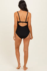 Black Ribbed O-Ring Strap Cutout Back One Piece Swimsuit