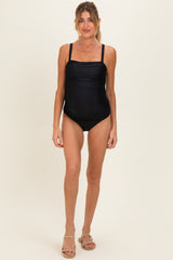 Black Ruched Square Neck One Piece Maternity Swimsuit