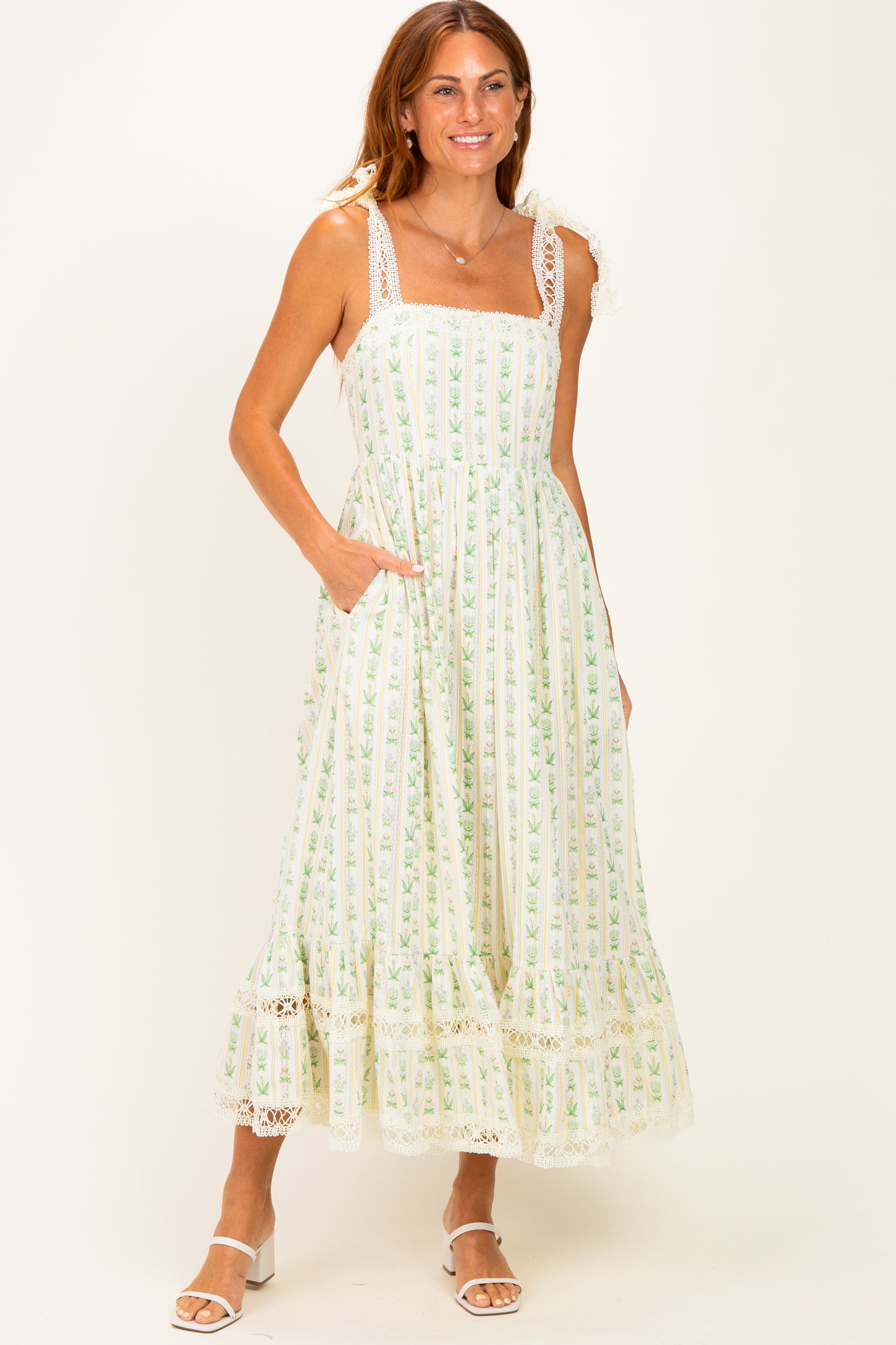 Ivory Floral Crochet Lace Detail Midi Dress