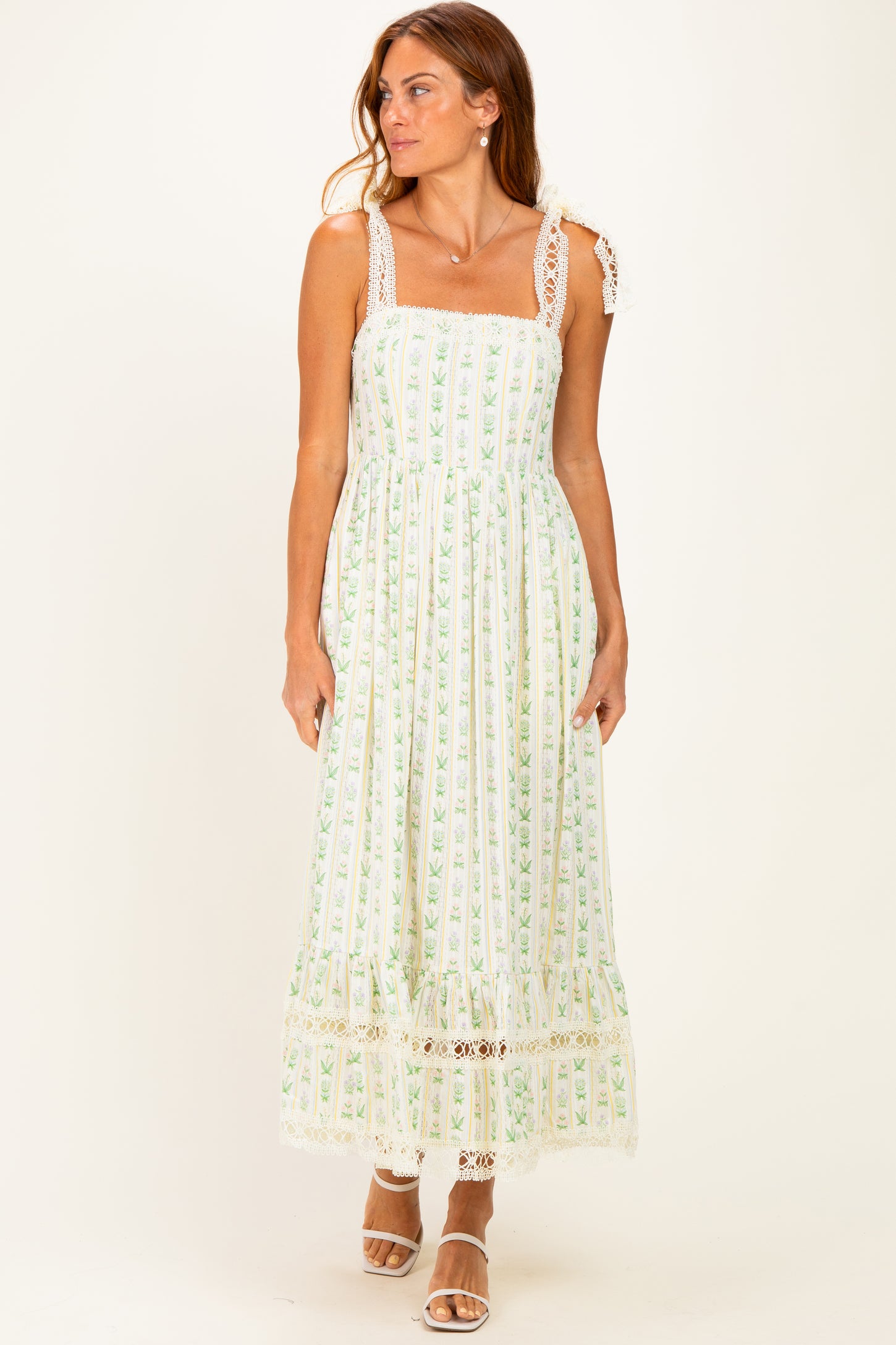 Ivory Floral Crochet Lace Detail Midi Dress