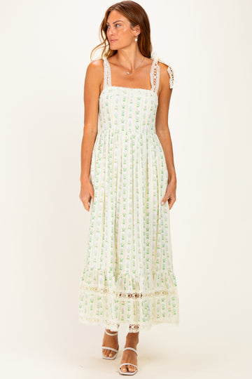 Ivory Floral Crochet Lace Detail Midi Dress
