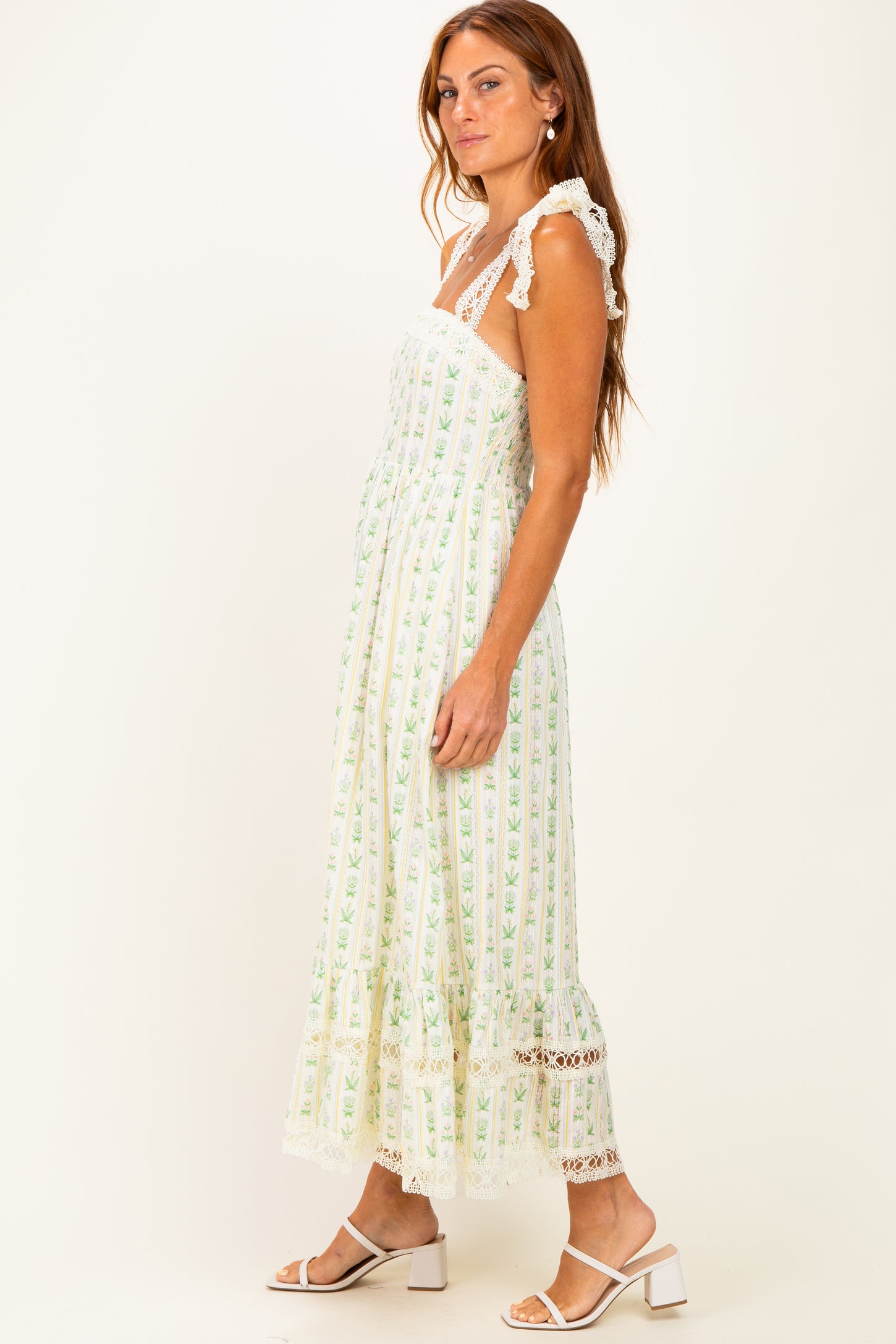 Ivory Floral Crochet Lace Detail Midi Dress