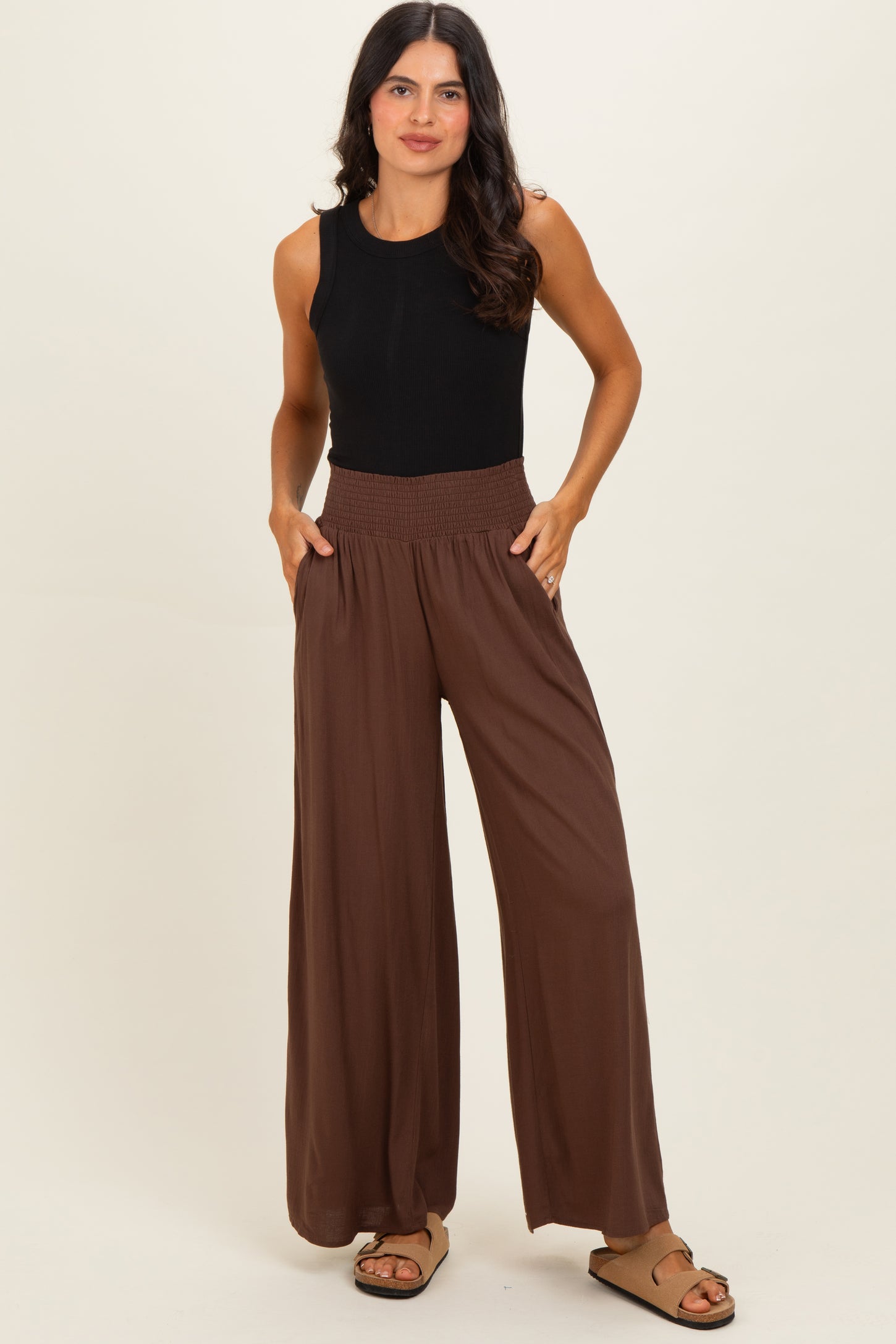 Brown Smocked Waistband Wide Leg Lounge Pants