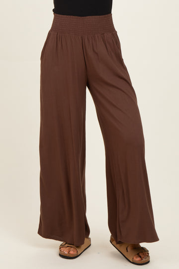 Brown Smocked Waistband Wide Leg Lounge Pants