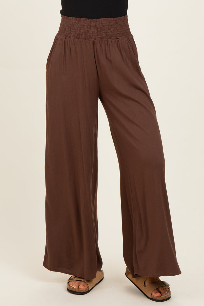 Brown Smocked Waistband Wide Leg Lounge Pants