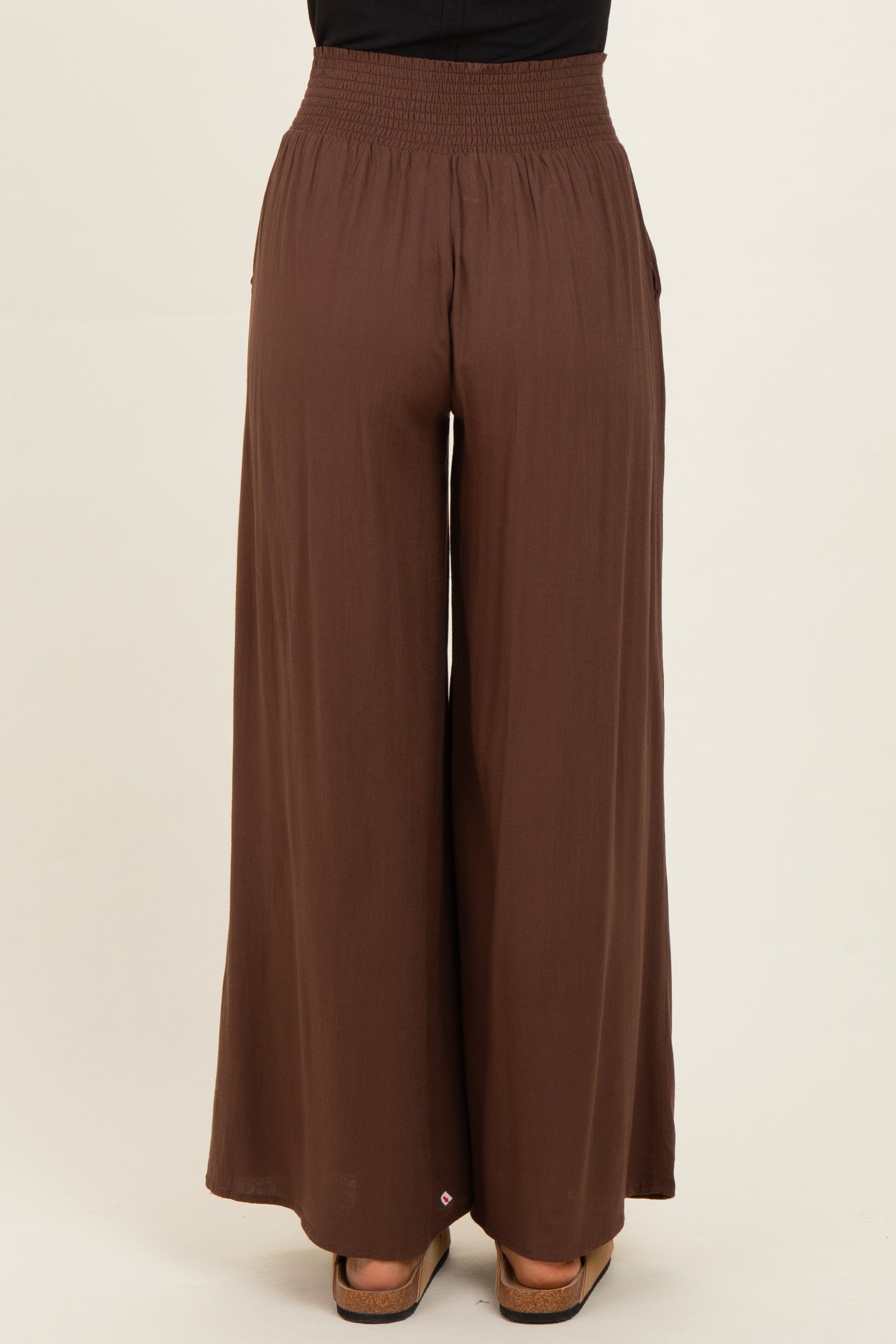 Brown Smocked Waistband Wide Leg Lounge Pants