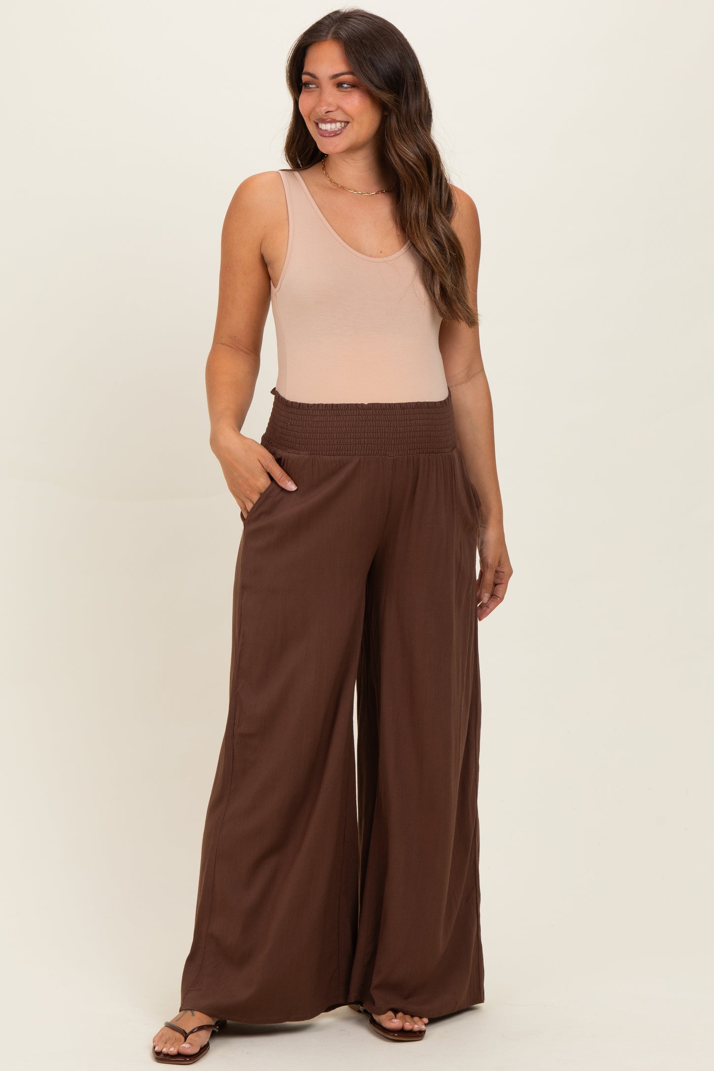Brown Smocked Waistband Wide Leg Maternity Lounge Pants