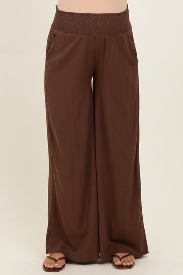 Brown Smocked Waistband Wide Leg Maternity Lounge Pants