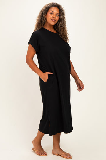Black Plus Round Neck Short Sleeve Midi Dress
