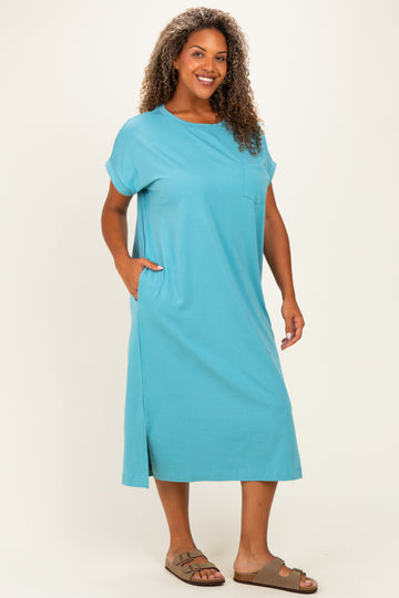 Dusty Aqua  Plus Round Neck Short Sleeve Midi Dress