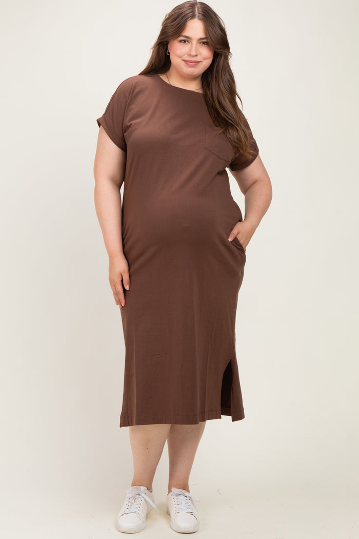 Brown Plus Round Neck Short Sleeve Maternity Midi Dress