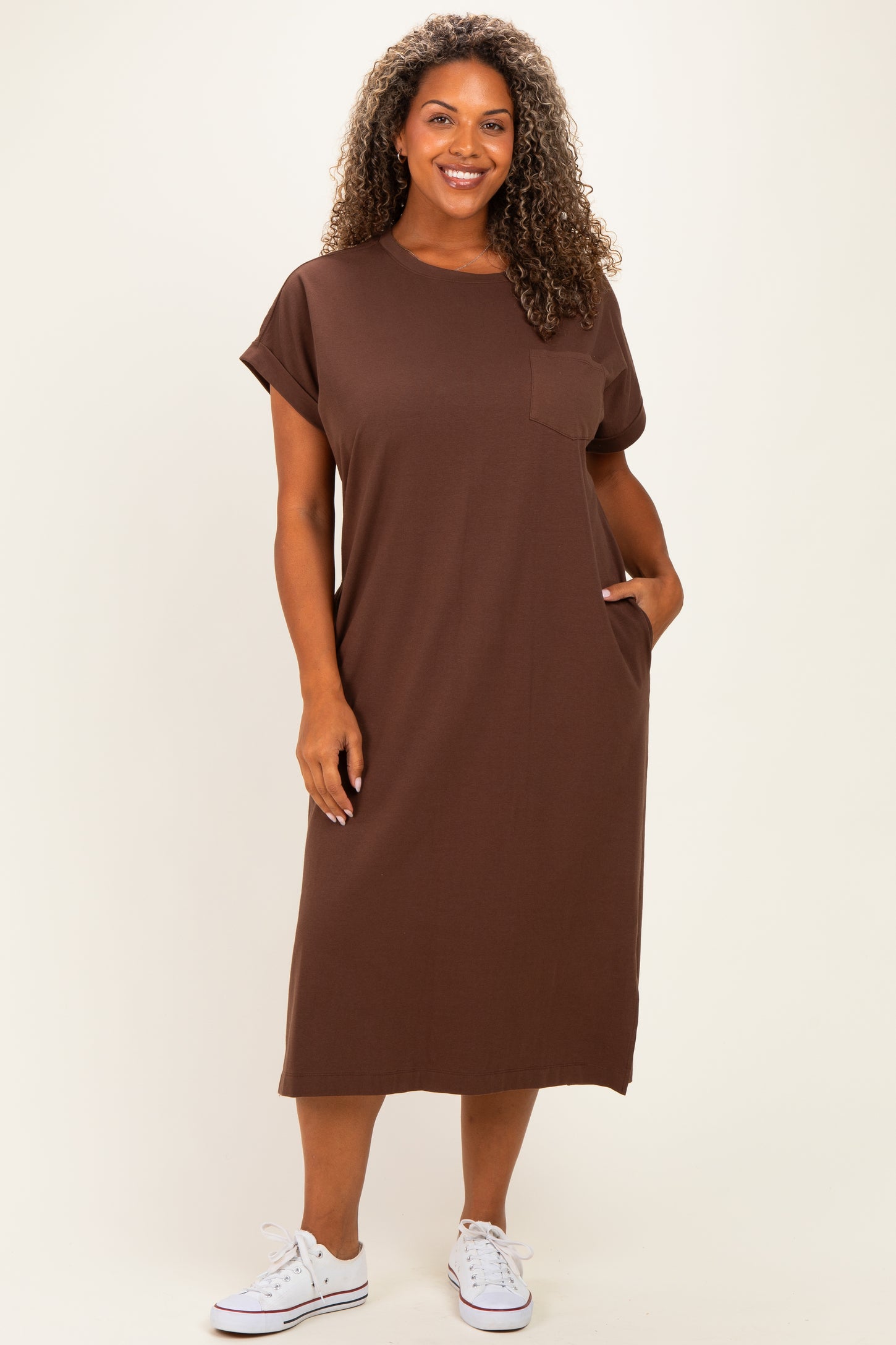 Brown Plus Round Neck Short Sleeve Maternity Midi Dress