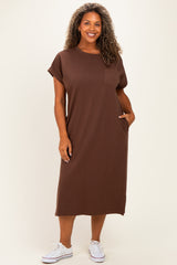 Brown Plus Round Neck Short Sleeve Midi Dress