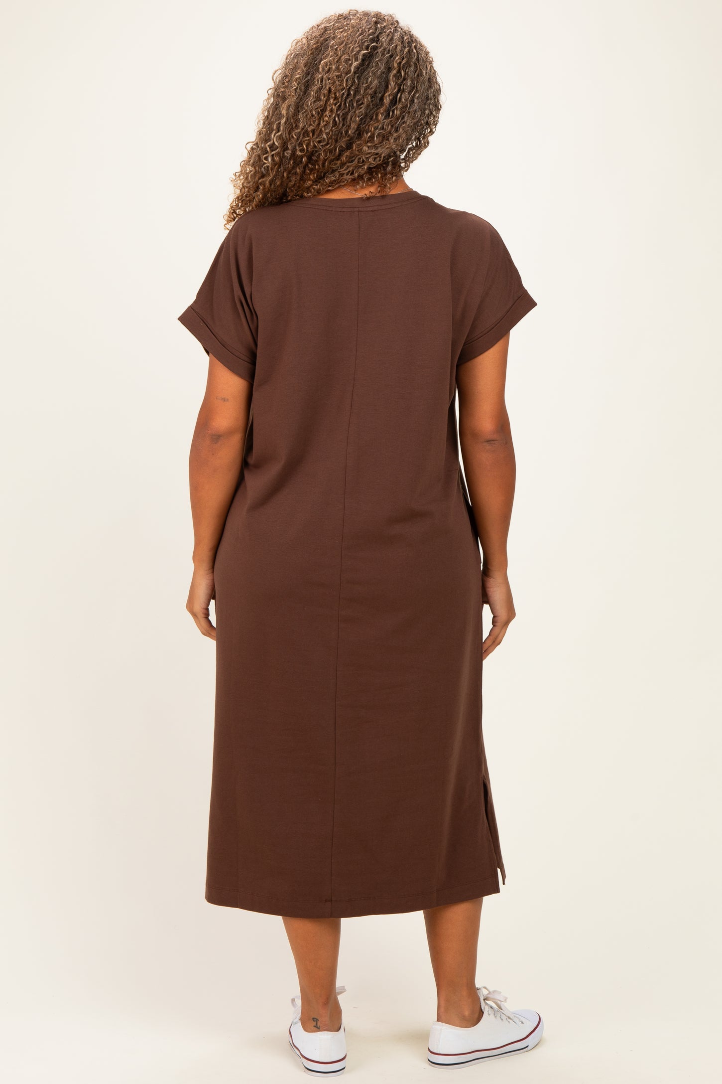 Brown Plus Round Neck Short Sleeve Midi Dress