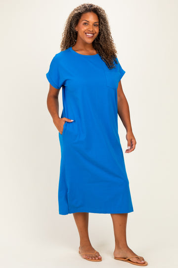Royal Blue  Plus Round Neck Short Sleeve Midi Dress