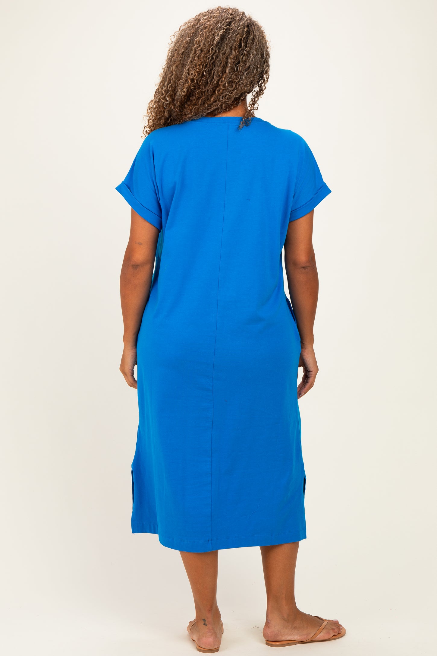 Royal Blue  Plus Round Neck Short Sleeve Midi Dress