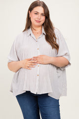 Brown Plus Woven Stripe Button Down  Maternity Top