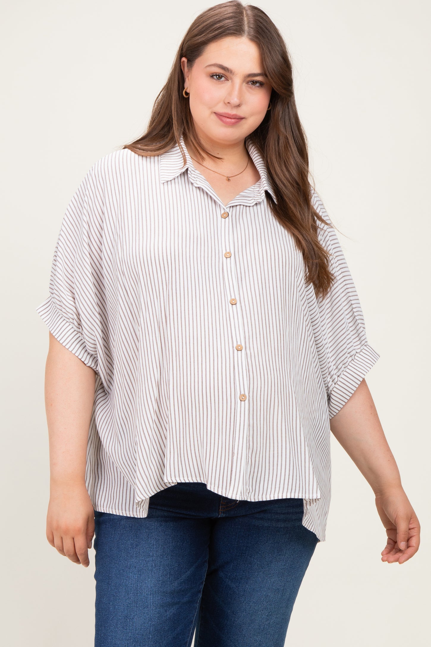 Brown Plus Woven Stripe Button Down  Maternity Top