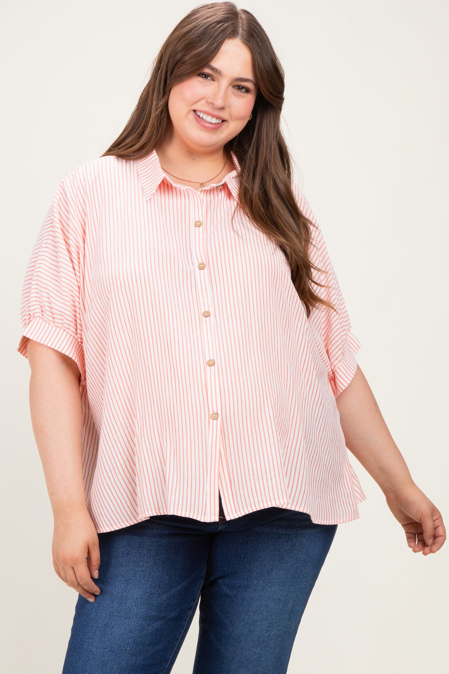 Coral Plus Woven Stripe Button Down  Maternity Top