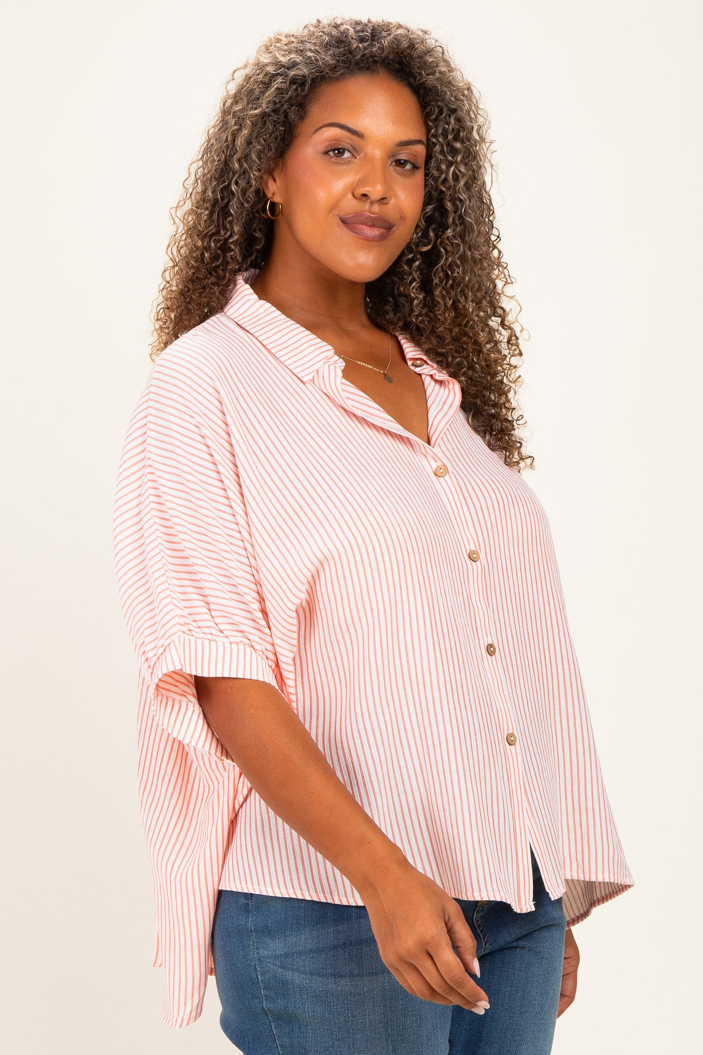 Coral Plus Woven Stripe Button Down Top
