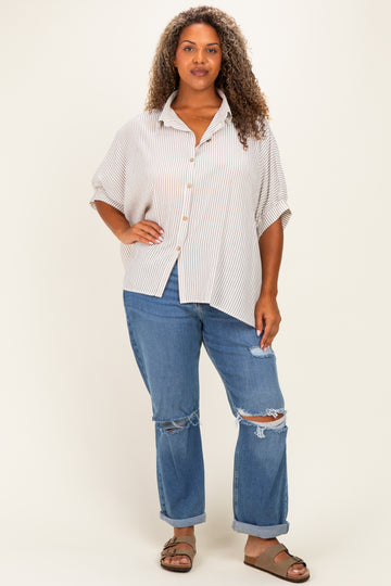 Taupe Plus Woven Stripe Button Down Top