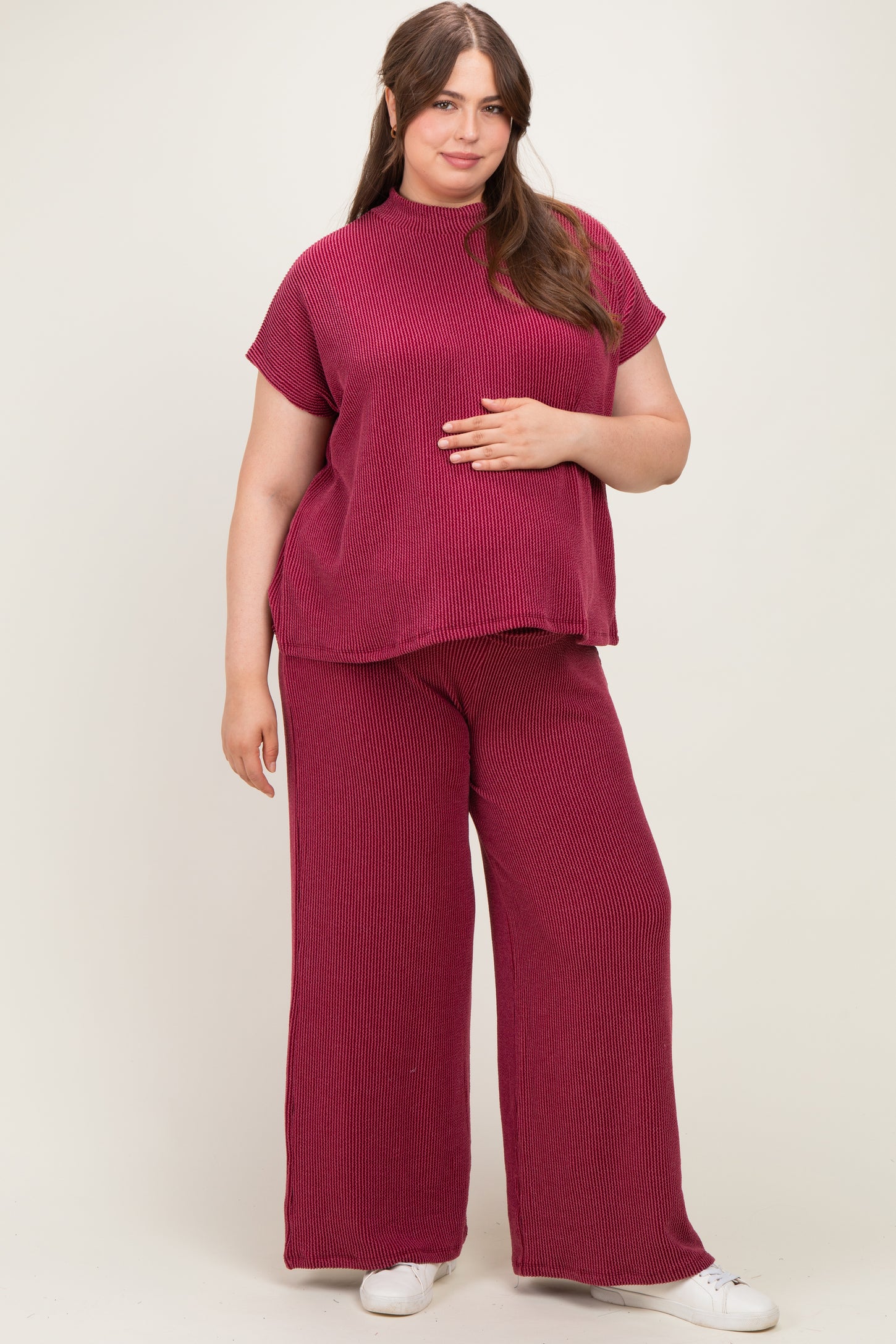 Burgundy Plus Raised Rib Short Sleeve Maternity Tee & Pants Set