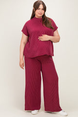 Burgundy Plus Raised Rib Short Sleeve Maternity Tee & Pants Set