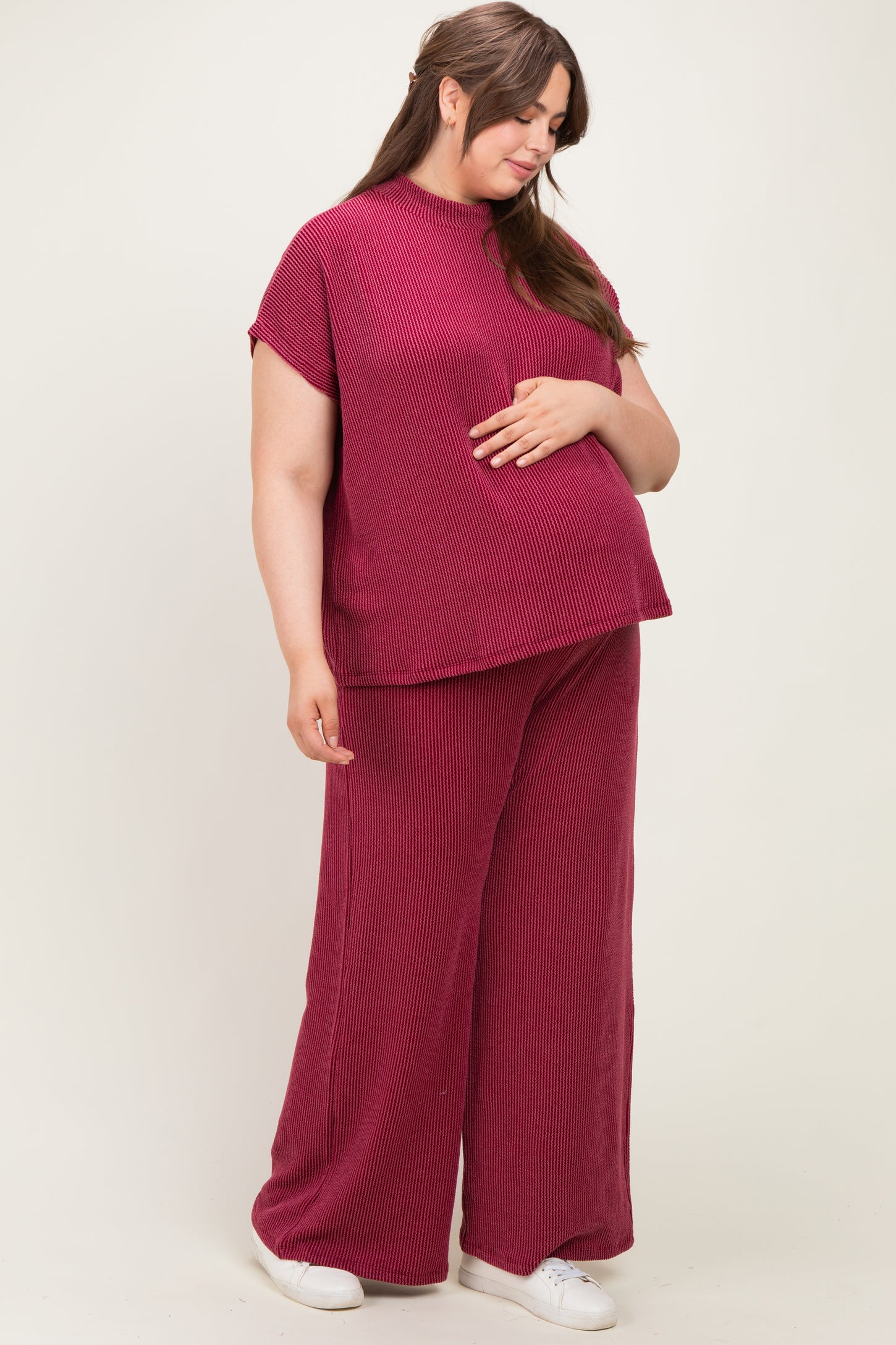 Burgundy Plus Raised Rib Short Sleeve Maternity Tee & Pants Set