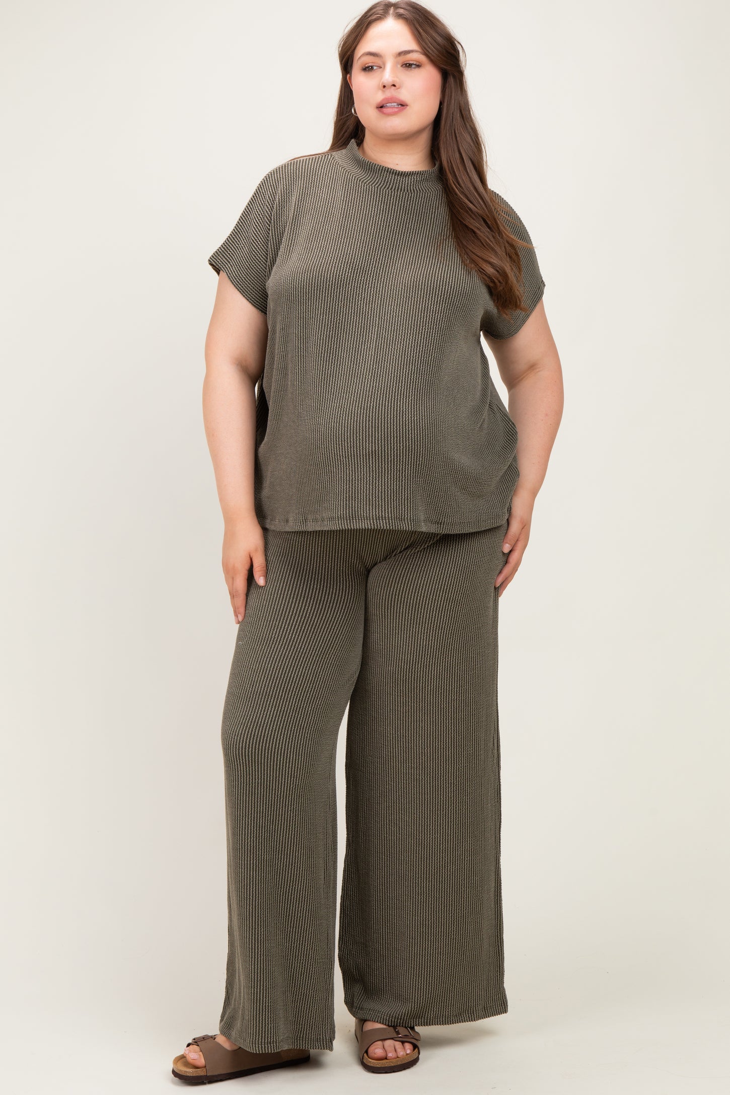 Olive Plus Raised Rib Short Sleeve Maternity Tee & Pants Set