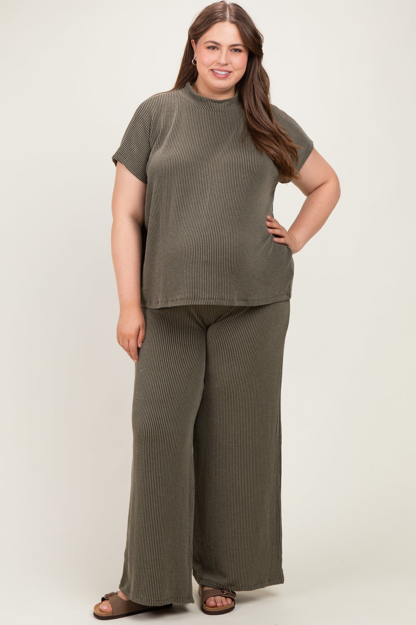 Olive Plus Raised Rib Short Sleeve Maternity Tee & Pants Set