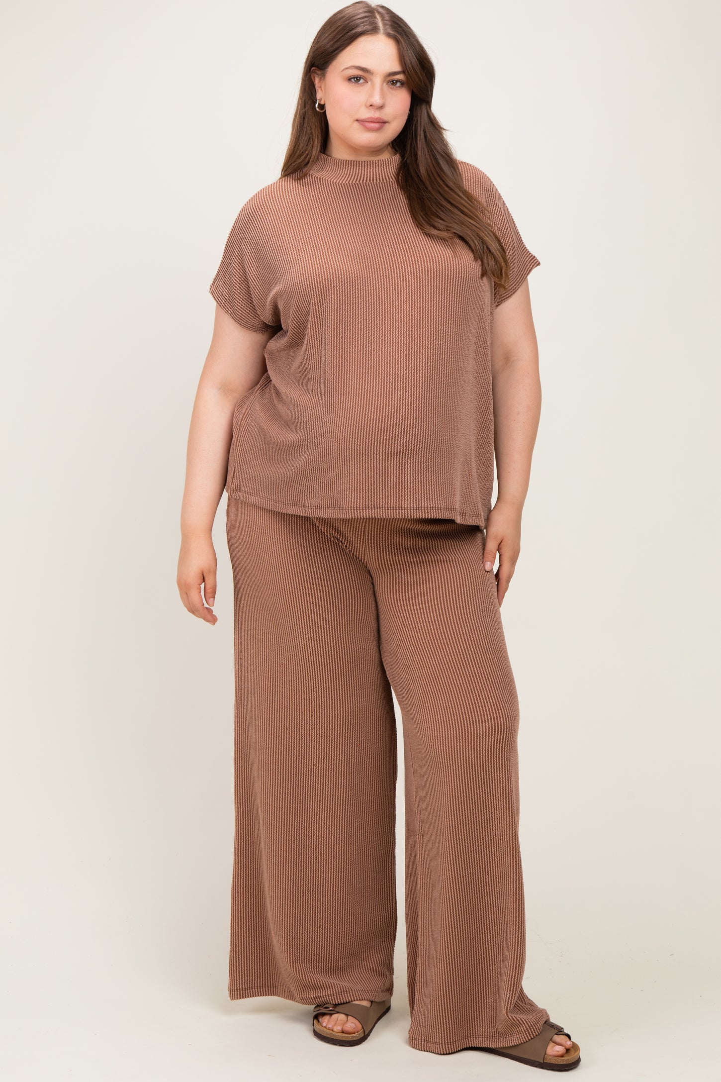 Brown Plus Raised Rib Short Sleeve Maternity Tee & Pants Set