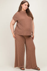 Brown Plus Raised Rib Short Sleeve Maternity Tee & Pants Set