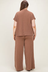 Brown Plus Raised Rib Short Sleeve Maternity Tee & Pants Set