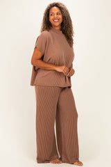 Brown Plus Raised Rib Short Sleeve Tee & Pants Set
