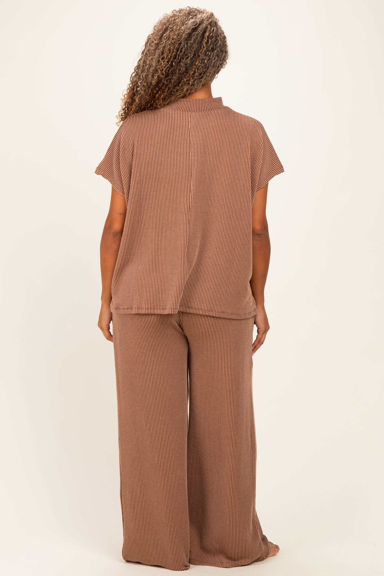 Brown Plus Raised Rib Short Sleeve Tee & Pants Set